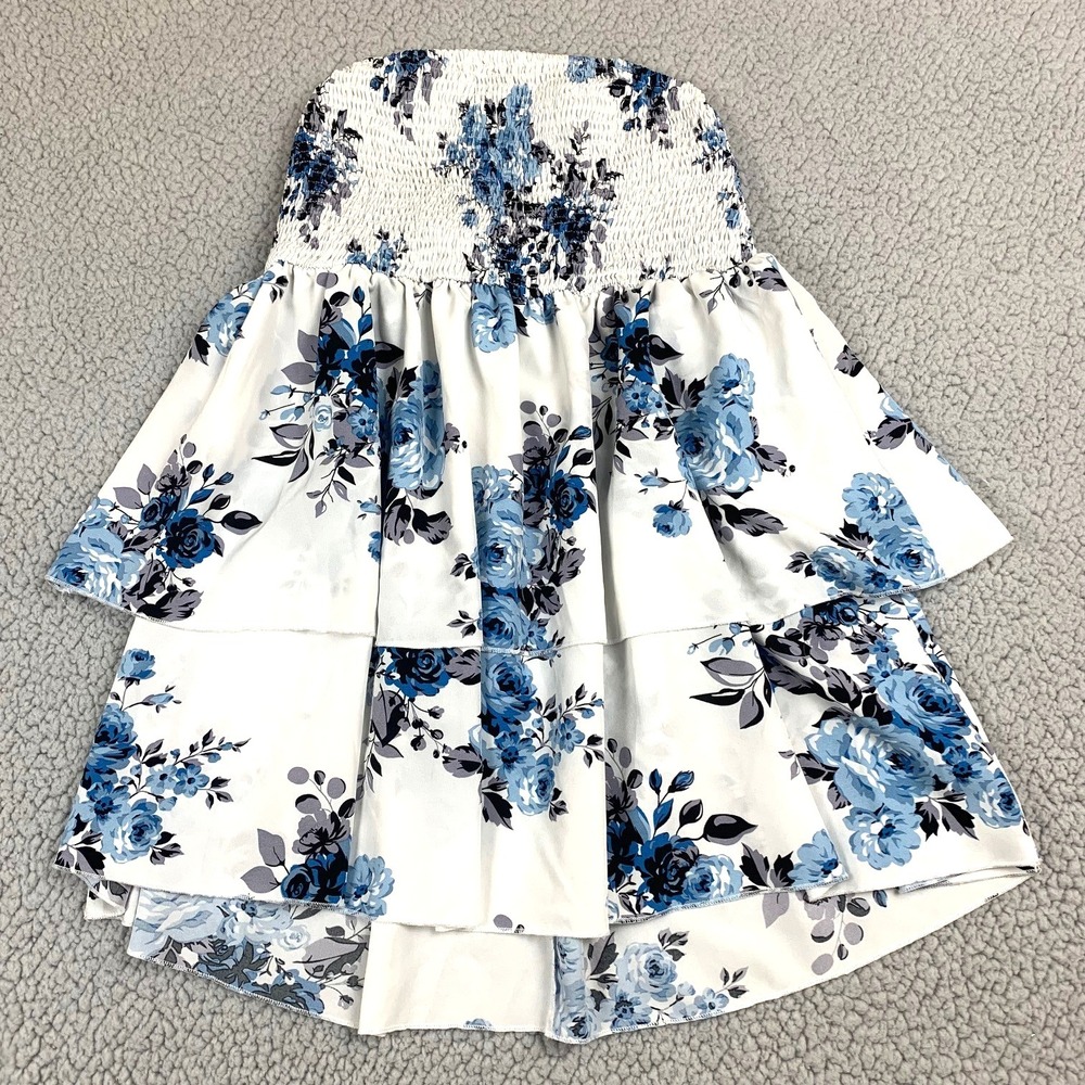 Women's Floral Tiered Skirt Blue White Smocked Waist Boho Flowy Size 2XL